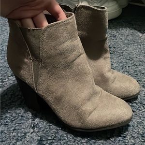 Light brown suede high heel booties. Brand: Fergalicious